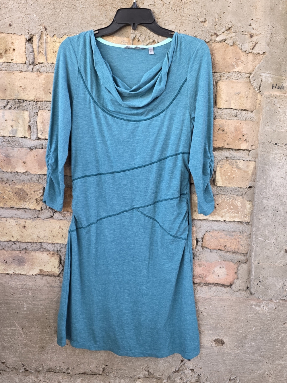 Athleta Ukiah Cowl Neck Dress Teal Heather Medium Pockets Ruched 3/4 Sleeve